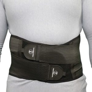 Universal elastic back brace for lumbar support and lower back pain relief with breathable adjustable design.
