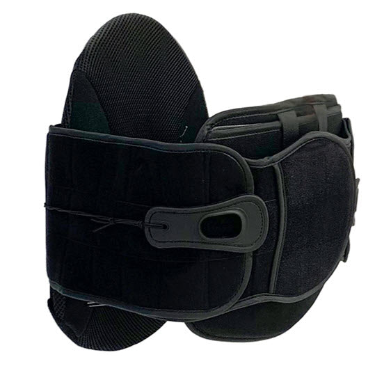 Modular lumbar sacral back brace with adjustable panels and pulley system for spinal stabilization and back support.