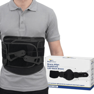 Lumbar back brace with anterior panel and pulley system for spinal stabilization and lower back support.