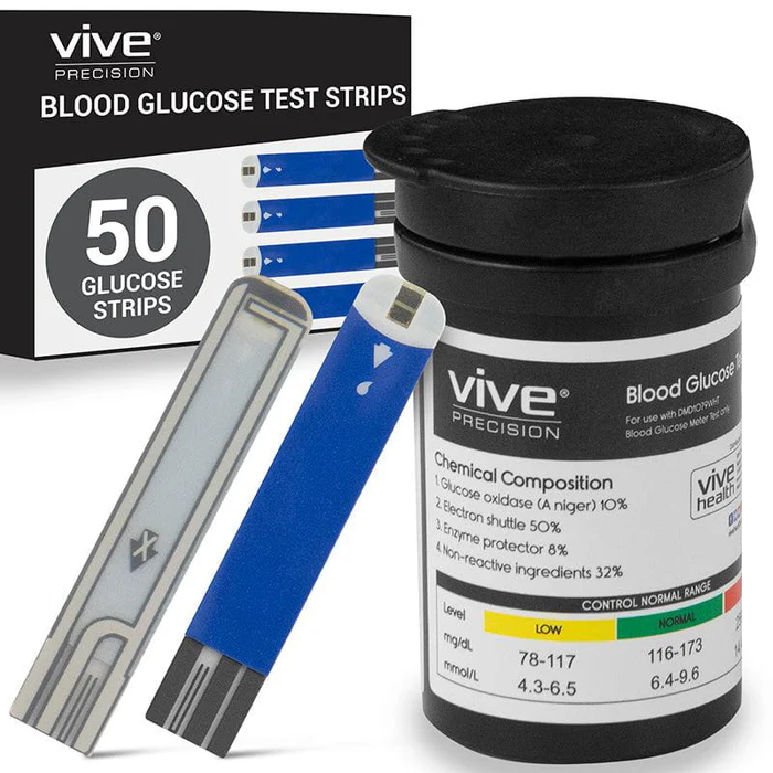 Blood glucose test strips used for fast and accurate diabetes blood sugar monitoring at home or travel.