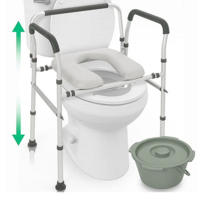 Padded 3-in-1 commode chair with steel frame, armrests, and removable bucket for bathroom safety and mobility support.