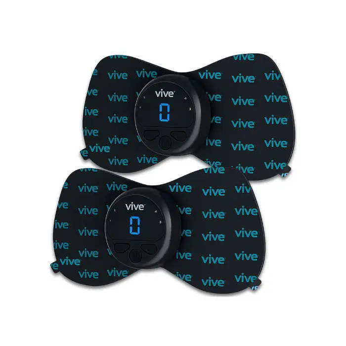 Wireless TENS and EMS unit with LED display for pain relief, muscle stimulation, and rehabilitation therapy.