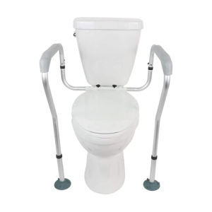 Compact toilet safety rail with adjustable padded handles, providing stable support for sitting and standing on most standard and elongated toilets.