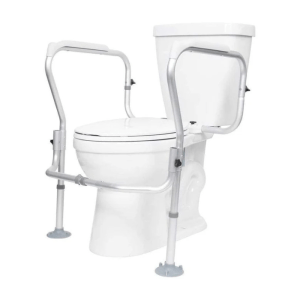 Compact toilet safety frame rail with adjustable height and width, sturdy armrests, and a freestanding design that provides secure support for sitting and standing.