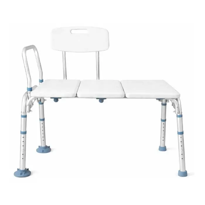 Adjustable tub transfer bench with a backrest and non-slip seat, designed to provide safe, stable transfers in and out of the bathtub.